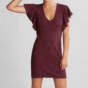 Express Burgundy Ruffle Sleeve Mini Sweater  Dress XS